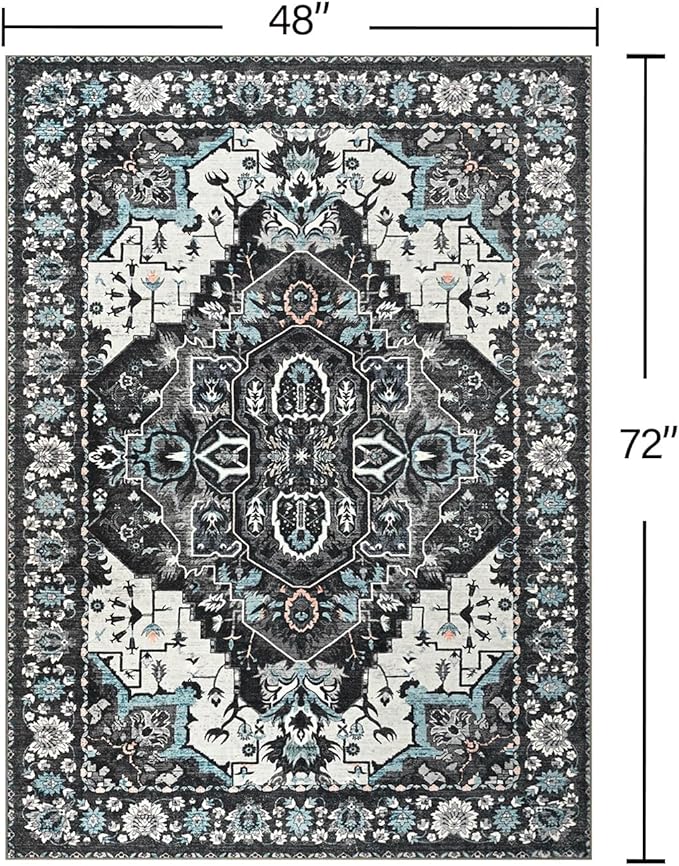 YJ.GWL Area Rugs for Living Room 4x6 Machine Washable Rugs for Bedroom, Non Slip Floral Vintage Rug Indoor Carpet, Stain Resistant Throw Rug for Dining Room Kitchen, Black Grey Blue