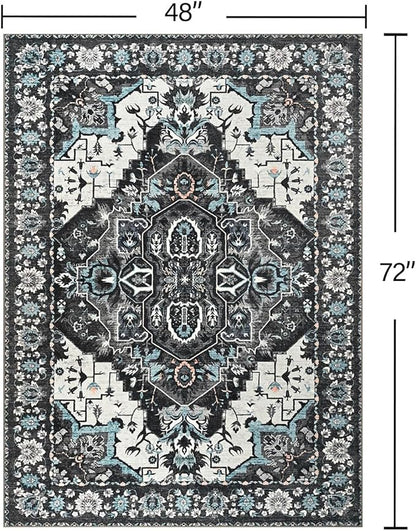 YJ.GWL Area Rugs for Living Room 4x6 Machine Washable Rugs for Bedroom, Non Slip Floral Vintage Rug Indoor Carpet, Stain Resistant Throw Rug for Dining Room Kitchen, Black Grey Blue