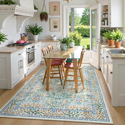 Lahome Floral Washable Area Rugs 5x7, Soft Green Rugs for Living Room Bedroom, Boho Non Slip Low Pile Forest Stain Resistance Large Throw Carpet for Farmhouse Dining Room Nursery, Green