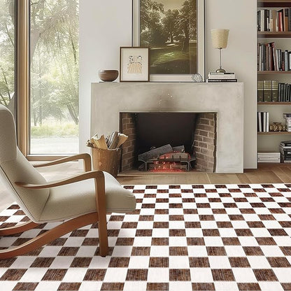 EVERGRACE Checkered Plaid Area Rug 5x7, Soft Fuzzy Faux Wool Rugs Washable Anti Slip Rugs Large Rug for Entryway Bedroom Living Room Hallway Kitchen Dining Room and Laundry Room, Dark Brown and White