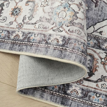 Rugcomf Vintage Medallion 4'x6' Rug - Machine Washable Area Rug, Non-Slip Low Pile Boho Carpet for Girl/Boys Room, Living Room, Kids, Entry - Grey and White