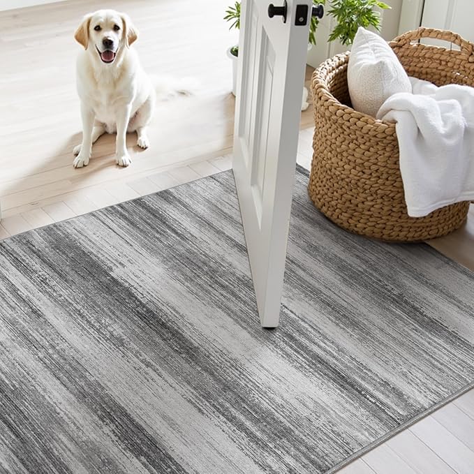 PADOOR Modern Abstract Area Rug - 3x5 Washable Rugs Non-Slip Small Carpet, Ultra Soft Low Pile Floor Rugs for Entrance Front Door Bedroom Bedside Laundry Room Black