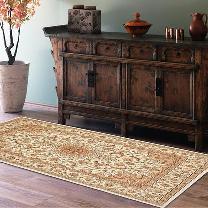 COMSLE Boho Area Rug, 2' x 4' Machine Washable Rugs for Entryway Faux Wool Small Rugs Distressed Throw Rug Non-Slip Floor Carpet for Indoor Bedroom Kitchen Living Room Cream/Beige-2
