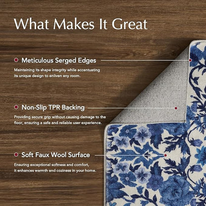 EVERGRACE Area Rugs for Entryway 2x3, Boho Floral Faux Wool Indoor Outdoor Small Rugs, Washable Rugs for Bedroom Bathroom Laundry Doormat, Low Pile Floor Mat Carpet for Home Decor, Celtic Blue