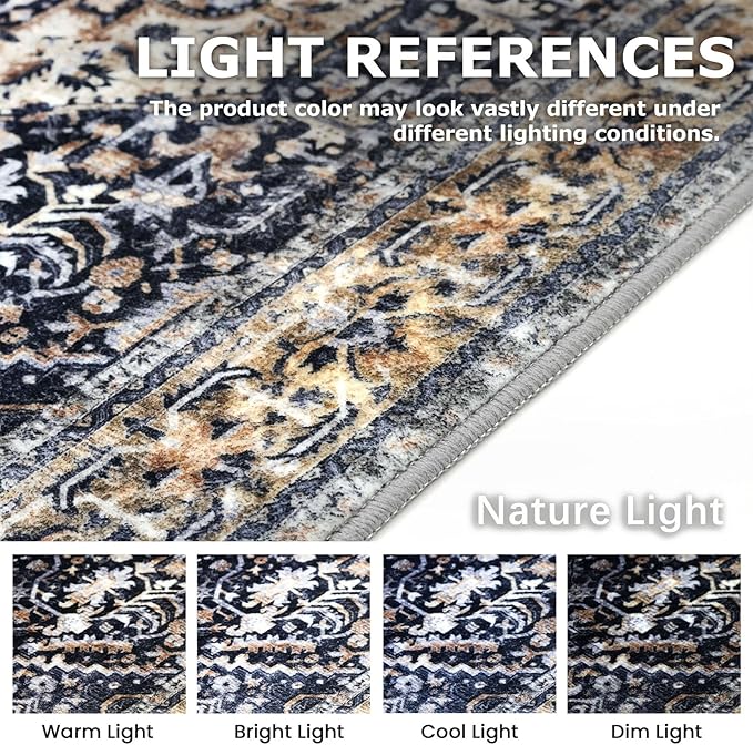 KOZYFLY Boho Area Rug 5x7 Ft Thin Rugs for Living Room Washable Bedroom Rug Non Slip Rugs Gold Navy Printed Faux Wool Vintage Bedroom Rug Floor Carpet for Dining Room Living Room