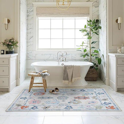 Fame Living Cream Oushak Rug, Modern, Vintage, Turkish, Eclectic, Floral, Pastel, Washable, Area Rugs for Living Room, Dining, Bedroom, Nursery, Girls, Boys, 5'9"x8'9"