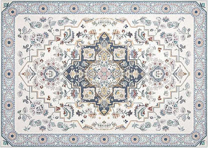 Phantoscope Washable Area Rug 5'x7' Non-Slip, Vintage Boho Rugs for Living Room, Bedroom, Dining Room, Persian Floral Medallion Pattern, Low-Pile Foldable Floor Carpet, Ivory Blue/Garden Bloom