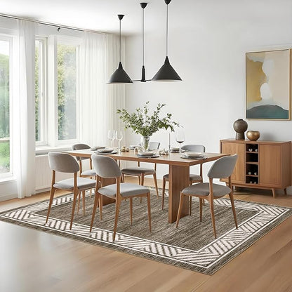 GarveeHome Modern Rugs for Living Room 8x10 Large Bordered Floor Mats with Non-Slip Backing, Stain-Resistant Bedroom Carpet, Foldable Geometric Indoor Rug for Dining Room, Kitchen, Brown
