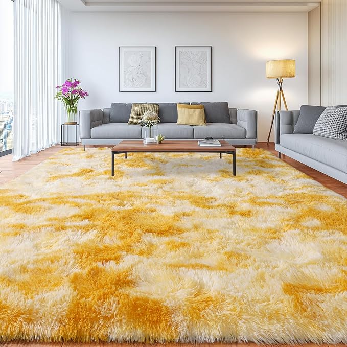Extra Large Plush Rug High Pile Fluffy Rug for Living Room, Big Plush Non-Skid Shag Carpet, Soft Shaggy Rugs for Bedroom Indoor Modern Home Decor Tie Dye Yellow 9x12ft