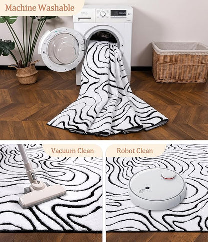 YIHOUSE Modern Rugs for Living Room 6x9, Washable Black and White Bedroom Rug, Fluffy Geometric Dining Room Rugs for Under Table Home Decor