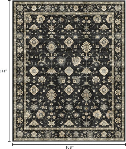 Area Rugs 9x12 Living Room - Large Washable Charcoal Black Boho Rugs for Bedroom Soft Vintage Rug Ultra-Thin Traditional Floral Carpet Moody Farmhouse Rug for Dining Room Guest Room Home Decor