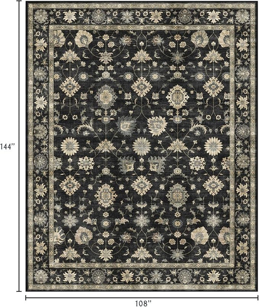 Area Rugs 9x12 Living Room - Large Washable Charcoal Black Boho Rugs for Bedroom Soft Vintage Rug Ultra-Thin Traditional Floral Carpet Moody Farmhouse Rug for Dining Room Guest Room Home Decor