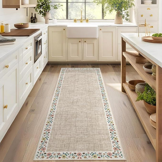 GarveeHome Entryway Rug 2x6 Modern Bordered Runner Rug Washable Kitchen Runners for Hallway Non-Slip Low-Pile Soft Carpet Floral Print Bathroom Mat for Bedroom Laundry Room, Light Camel