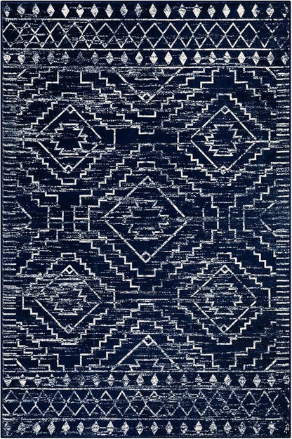 Wonnitar Moroccan Washable Area Rug 4x6, Blue Rugs for Living Room, Non-Slip Boho Bedroom Throw Mat, Non-Shedding Large Geometric Low Pile Floor Carpet for Home Office Mudroom Kitchen (Blue,4'x6')