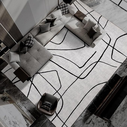 YIHOUSE Modern Washable Area Rug for Living Room Bedroom - Large Abstract Black and White Rug Non-Slip Ultra-Thin Home Decor (Abstract, 9'x12')