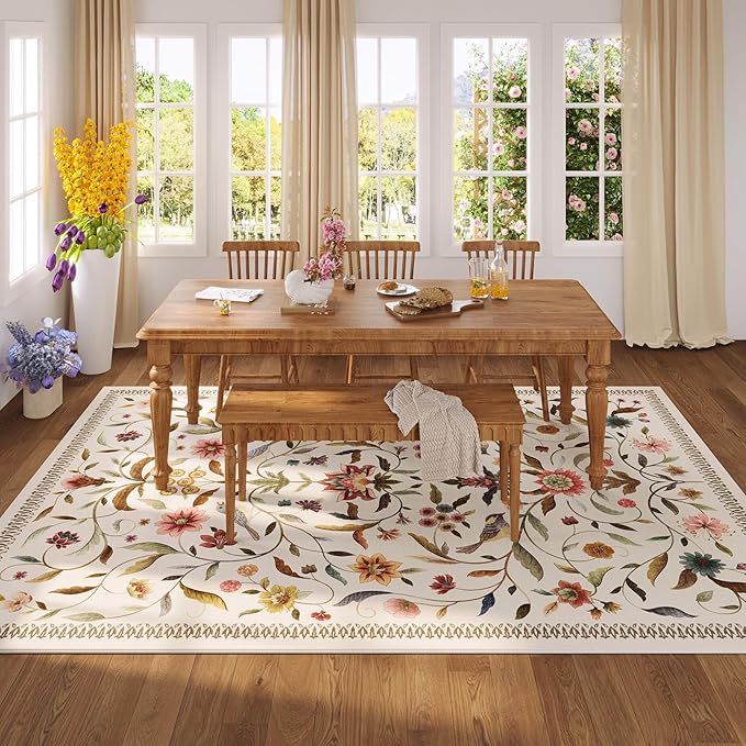 Vintage Medallion Floral Area Rugs 8x10 Clearance, Machine Washable Non-Slip, Low Pile Soft Large Carpet for Living Room, Bedroom, Dining Room, Farmhouse, Kids Playroom, Office | Beige