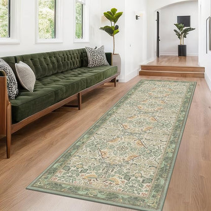 10 ft Long Sage Runner Rugs for Hallways - 3x10 Wide Kitchen Runners, Entryway Rug, with Flowers and Leaves, Washable Non Slip Low Pile