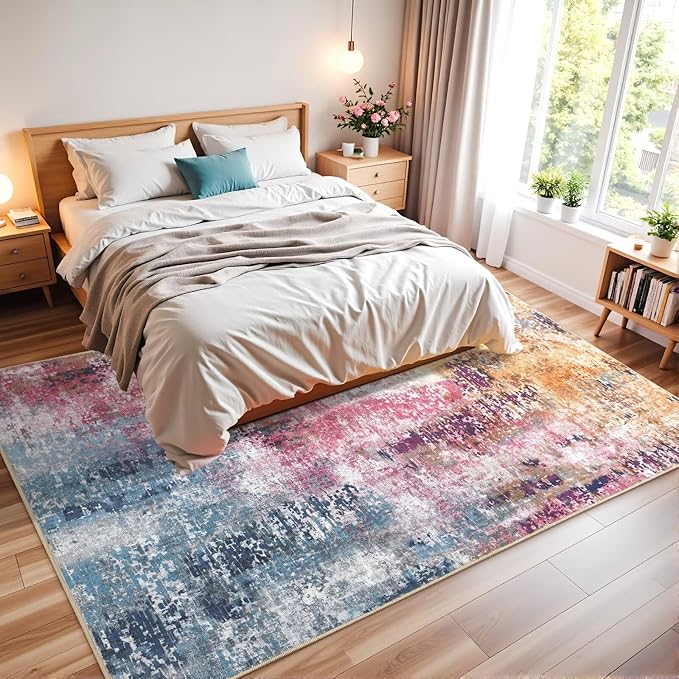 Washable Abstract Rug, 8x10 Modern Area Rugs with Non-Slip Rubber Backed for Living Room, Thin but Soft Contemporary Carpet Kitchen Bedroom Dining Room Decor, Galaxy