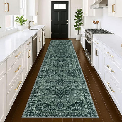 KOZYFLY Runners for Hallways 3x12 Ft Extra Long Washable Faux Wool Thin Hallway Rug Boho Runner Carpet Printed Entryway Rug for Bedroom Stairs Kitchen Living Room Hall, Dark Green