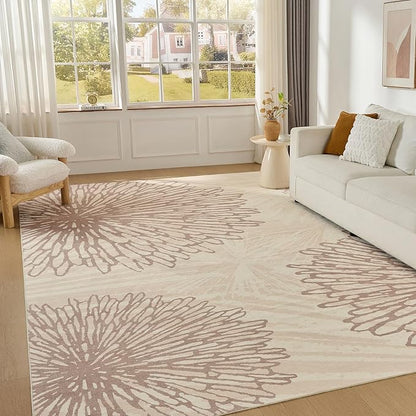 WITSHOCK 10x14 Area Rugs for Living Room: Beige Floral Washable Rugs for Bedroom Dining Room Office Nursery Modern Non-Slip Stain Resistant Low Pile Home Decor（Beige/Brown,10'x14'）