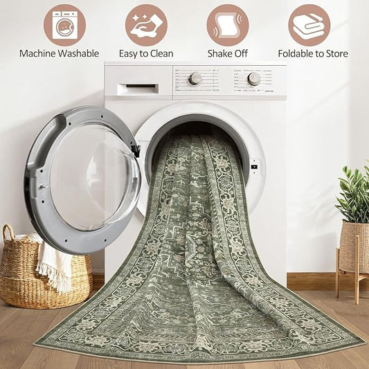 10x12 Area Rug Living Room: Washable Boho Large Neutral Vintage Soft Rugs Stain Resistant Farmhouse Non Slip Indoor Floor Carpet for Bedroom Nursery Kids Playroom Office Dining Room Home- Dark Green