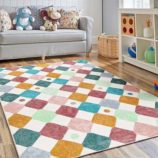 jinchan Macy Area Rug 3x5 Kids Washable Indoor Floor Cover Non-Slip Modern Soft Rug Elementary School Classroom Colorful Diamond Carpet for Nursery Playroom Daycare Living Room Confetti on Cream