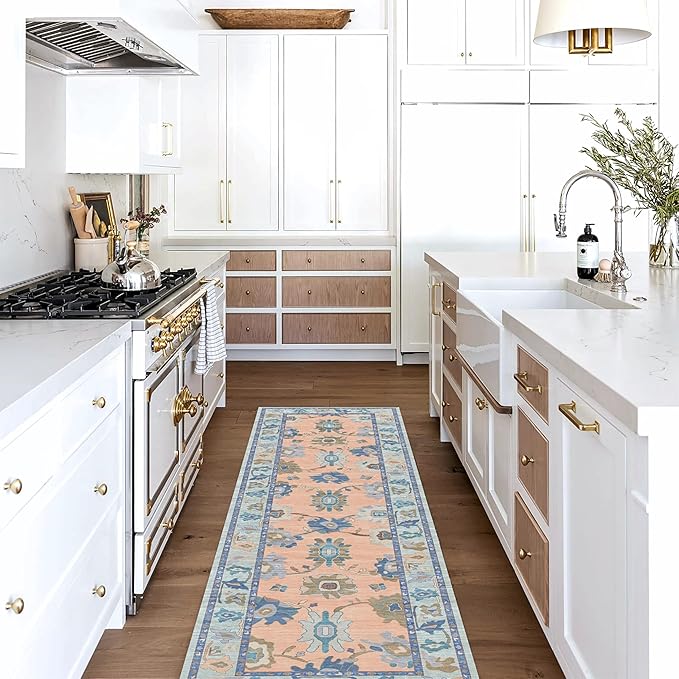 Fame Living Modern Oushak Runner Rug, Runners, Vintage, Turkish, Eclectic, Floral, Pastel, Washable, Runner for Hallway, Kitchen, Bedroom, Bathroom, 2'5"x9'8"