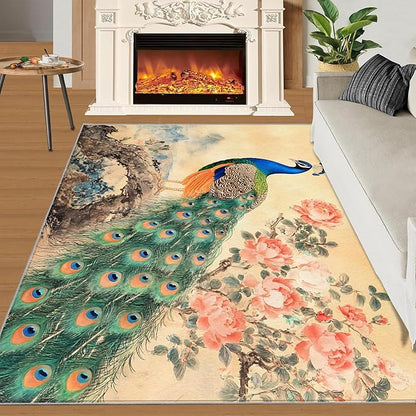 Peacock Peony Flower Area Rug 5x6-5x6 Rug, Classic Peacock Peony Rugs for Living Room, Oriental Carpet, Floral Animal Washable Area Rugs for Bedroom, Aesthetics Carpet - Peafowl Home Decor & Gifts