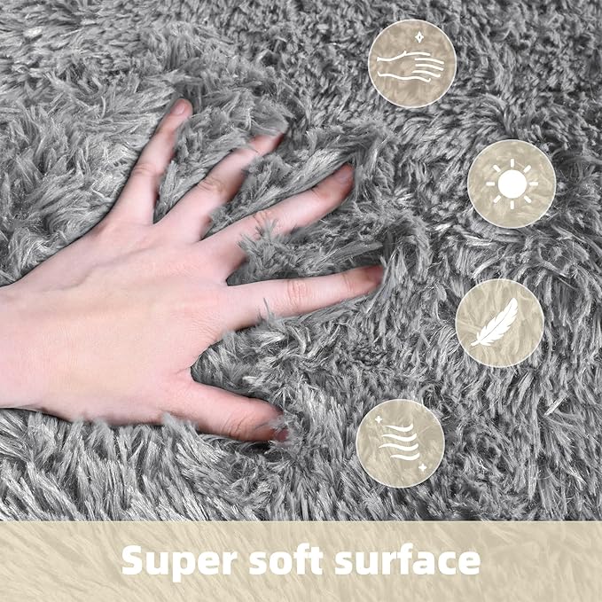 3x5 Solid Fluffy Grey Area Rug – Washable, Durable, Living Room Rug, Non-Slip High Pile Shag Rugs for Bedroom, Living Room, Bedside, Dorms, Nursery Rooms, Kids Room, Soft Indoor Floor Carpet