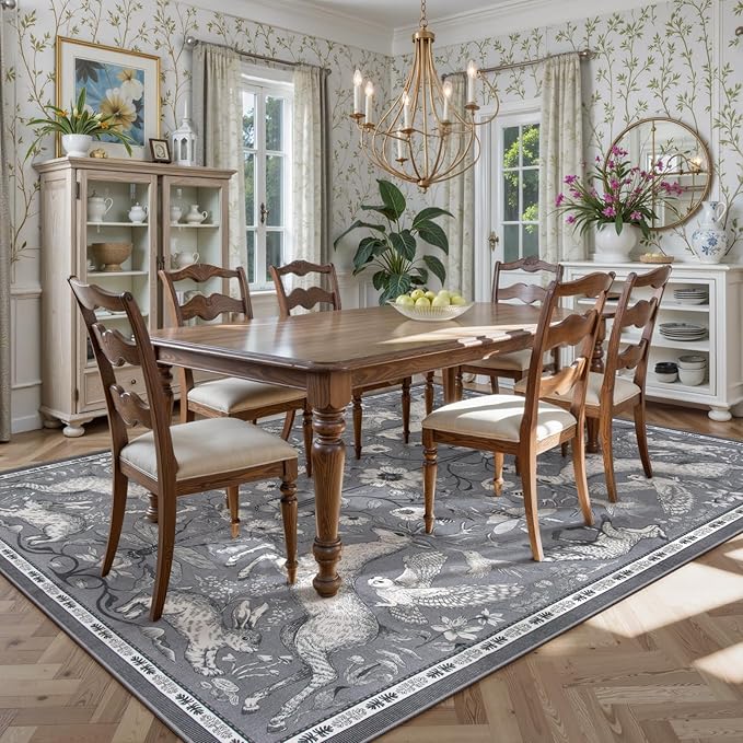 Lahome Boho Animal 6x9 Washable Living Room Area Rugs, Grey Soft Rugs for Bedroom, Botanical Large Boho Non Slip Dining Room Carpet for Under Table Office Kids Playroom (6x9ft,Grey)