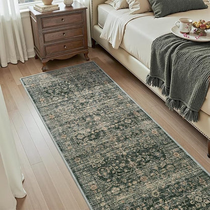 MontVoo-Vintage 2x10 Runner Rug-Soft Green Washable Runners for Hallways-Non Slip Bedside Rugs for Bedroom-Machine Washable Long Rug for Hallways Entryway Laundry Room Stair Kitchen Bathroom