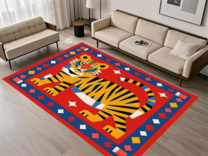 Jungle Animal Area Rug,5x6ft,Unique Design Tiger Print Rug With Geometric Pattern，Bohemian Style Animal Tiger Print Pattern Colorful Rug,Washable Non-Slip Rug for Living Room Classroom Nursery Decor