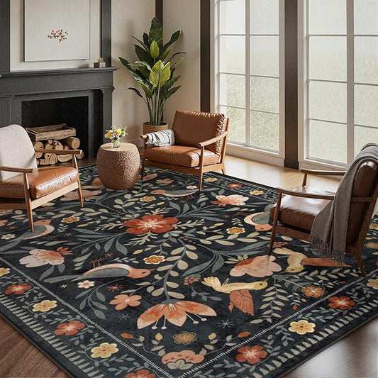 Moynesa Bedroom Rug 5x7, Washable Modern Transitional Black Area Rugs for Living Room Dining Room, Farmhouse Floral Bird Print Carpet, Folk Art Home Decor Open Floor Areas Non-Slip Protection