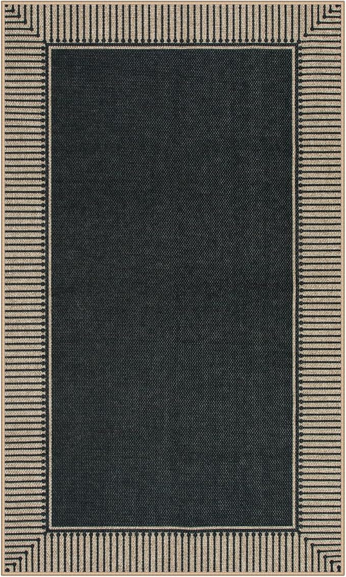 Moynesa Striped Border Easy Jute Outdoor Patio Rug 3x5, Washable Entryway Rug Non Slip with Rubber Backing, Farmhouse Modern Carpet for Backyard Bedroom Living Room Kitchen, Black