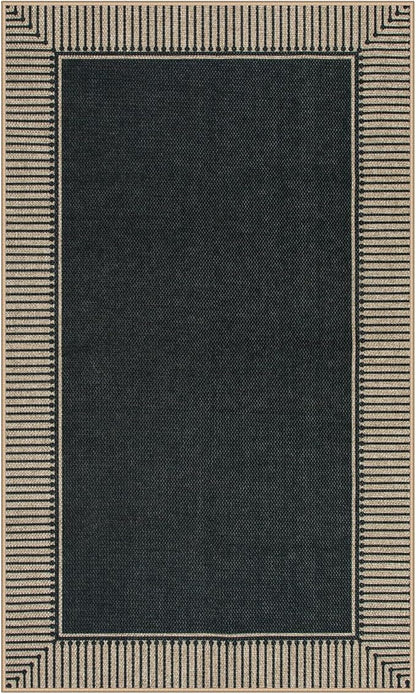 Moynesa Striped Border Easy Jute Outdoor Patio Rug 3x5, Washable Entryway Rug Non Slip with Rubber Backing, Farmhouse Modern Carpet for Backyard Bedroom Living Room Kitchen, Black