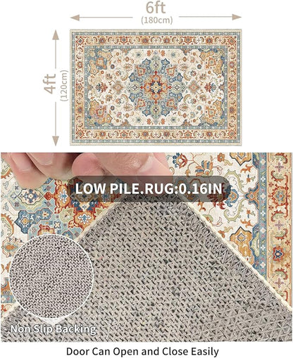 Enkor Area Soft Rugs 4x6 Washable Non Slip Boho Floor Rugs for Living Room Bedroom, Vintage Style Farmhouse Mat for Kitchen Entryway Orange & Beige