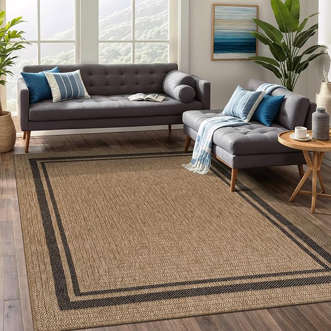 Beverly Rug Easy Jute Bordered Rug 6x9 Washable Durable Indoor Outdoor Area Rugs for Living Dining Room Patio Office Stain Resistant Non Shedding Casual Indoor Outside Carpet 6 x 9 Natural