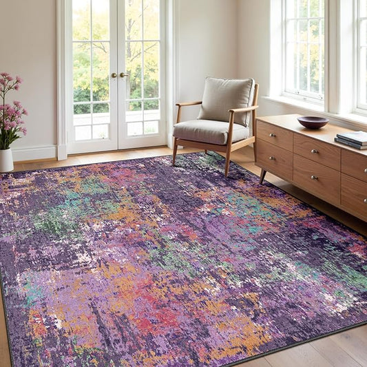 Washable Area Rugs 4'x6' Non-Slip Modern Abstract Soft for Living Room Entryway Bedroom Nursery, Print Pattern, Purple Orange Blue Green Rust Red Colorful