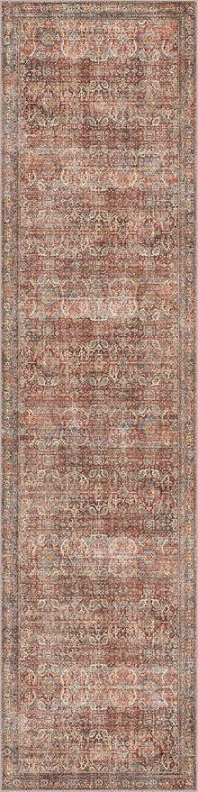 2x8 Runner Rug Machine Washable Boho Runners for Hallway,Ultra-Thin Low Pile Rug,Lightweight Indoor Carpet,Non Slip Floral Runners for Enrtyway, Corridor, Home Office, Kitchen,Terracotta/Indigo