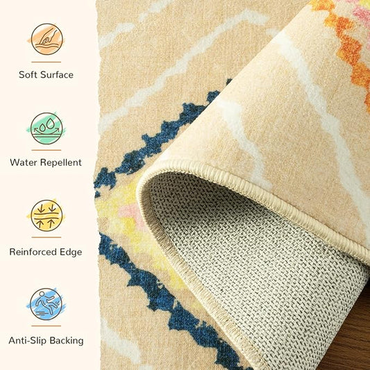 Area Rug 9x12 Rug Machine Washable Non-Slip Low Pile Print Pattern Western Rug for Living Room Bedroom Entryway Tribal Series -Cream/Beige