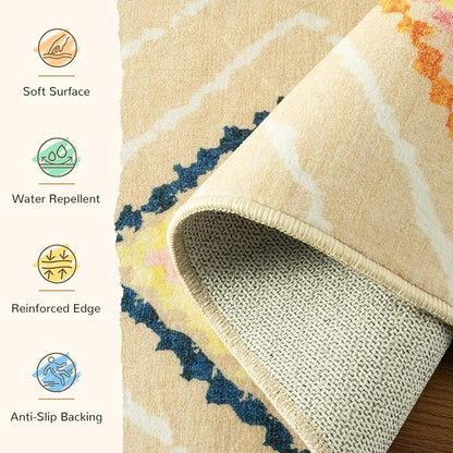 Area Rug 6x9 Rug Machine Washable Non-Slip Low Pile Print Pattern Western Rug for Living Room Bedroom Entryway Tribal Series -Cream/Beige