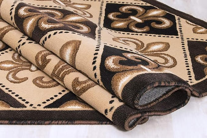 Allstar 5x7 Black Modern Rectangular Accent Rug with Ivory and Mocha Floral Fleur De Lis Diamond Design (5' x 7')