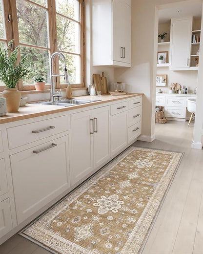 DEXI Hallway Runner Rug 3x12, Distressed Non Slip Runners Carpet, Boho Vintage Soft Thin Indoor Rug, Stain Resistant Washable Entry Mat for Entryway Kitchen Laundry Room Living Room, Light Brown