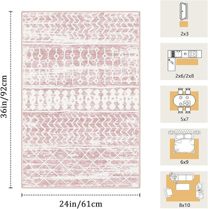 2x3 Machine Washable Area Rug for Entryway, Pink Vintage Moroccan Rug Non-Slip Low Pile Soft Faux Wool Small Carpet, Kids and Pets Friendly for Bedroom Kitchen Hallway Home Decor Rug