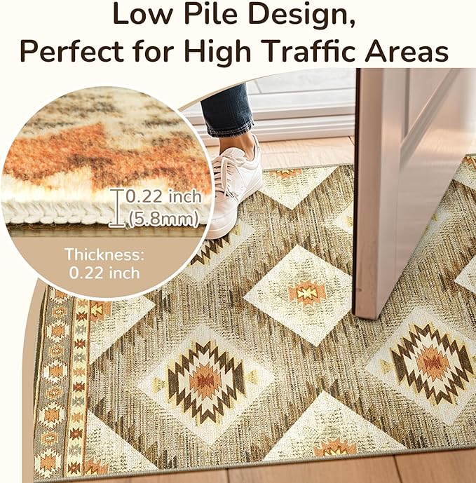 Area Rug 2x3 Rug Machine Washable Non-Slip Low Pile Print Pattern Western Rug for Living Room Bedroom Entryway Tribal Series -Cream/Camel