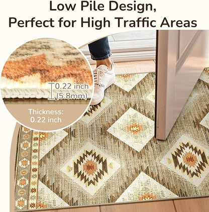 Area Rug 2x10 Rug Machine Washable Non-Slip Low Pile Print Pattern Western Rug for Living Room Bedroom Entryway Tribal Series -Cream/Camel