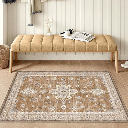 LUMI Indoor Thin Door Mat, 36x59 Washable Small Inside Doormat, Non Slip Low Pile Oriental Floor Carpet, Vintage Distressed Area Rug for Front Door,Entrance,Bedroom, Amber