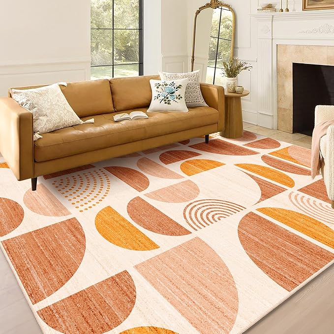 MUJOO 5x7 Area Rugs Boho,Washable Rugs for Living Room Bedroom Dining Room,Large Throw Floor Carpet Non Slip Soft Modern Abstract Bohemian Orange