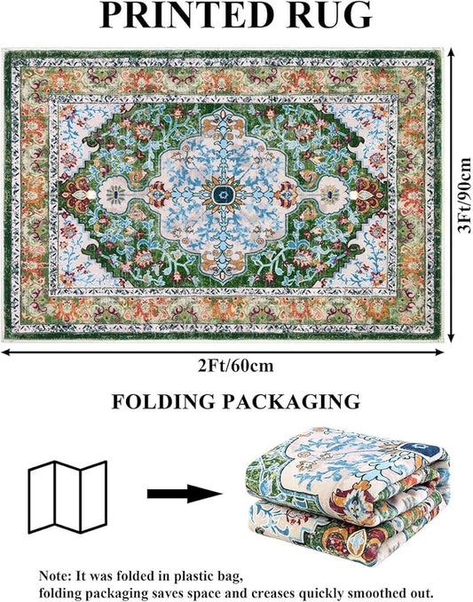 U'Artlines Washable Boho Area Rug, 2x3 Small Soft Non Slip Vintage Doormat for Indoor Front Door Green Mat Carpet for Entryway Kitchen Bathroom Bedroom