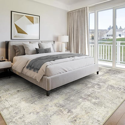 Washable Area Rug 5x7 - Neutral Modern Abstract Rugs, Soft Non Slip Thin Carpet with for Bedroom, Under Dining Room Table, Home, Office, Dorm, Office Rolling Chair - Brown Grey